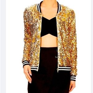 GOLD SEQUENCE DAZZLING BOMBER JACKEY by Anna Kaci. Front Zipper Closure.